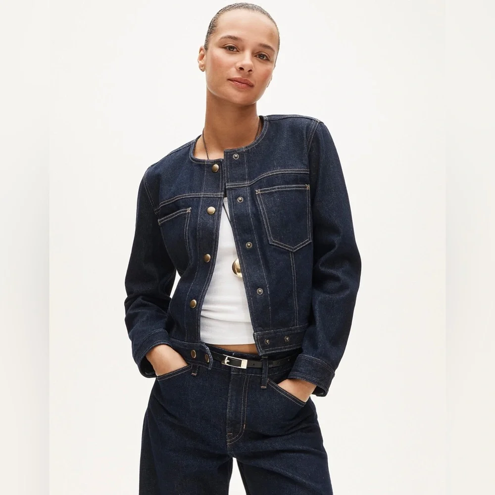 NWT J.Crew Collarless Denim Trucker Jacket in Rinse Wash